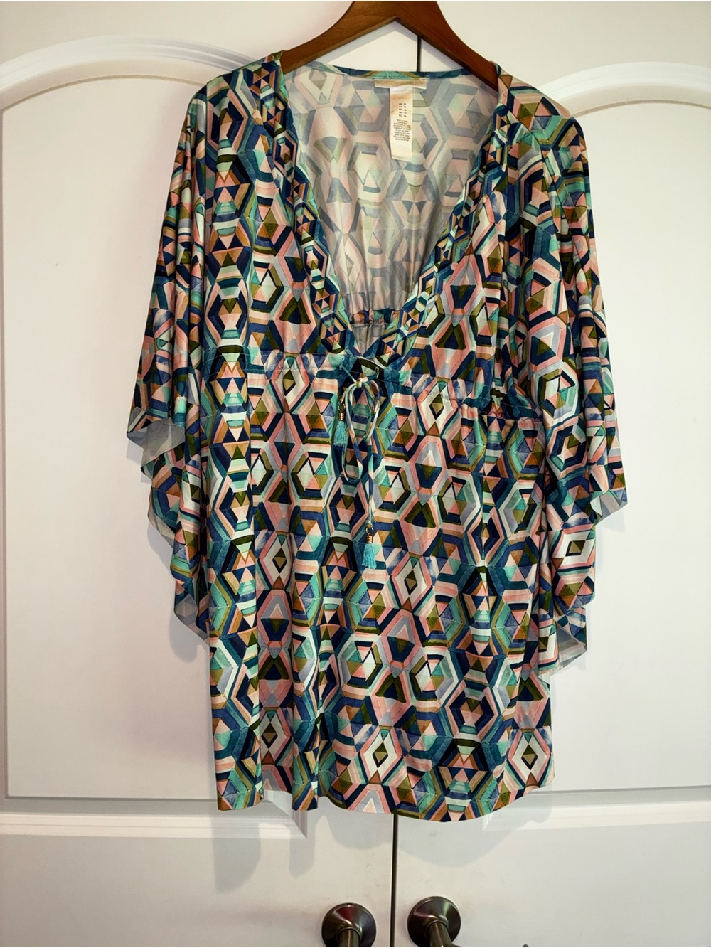 La Blanca Multicolor Geometric Swim Cover Up V-Neck Caftan Blue Pink& Green Sz M